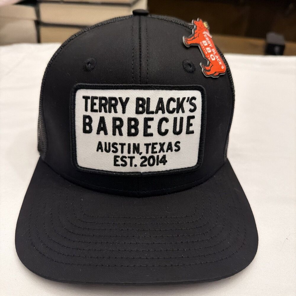 NWT-Terry Black's Barbecue Hat Snap Back Black Trucker Patch Austin Texas Mens